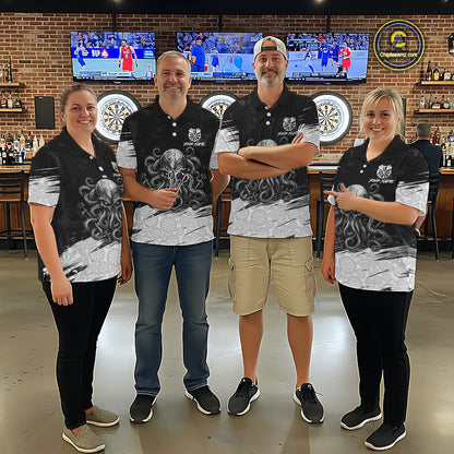 Dart team wearing matching White Black Octopus jerseys, personalized dart uniforms, ocean life theme, teamwork, fishing, boating, billiards crossover