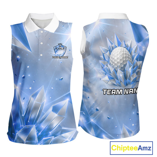 Women Golf Sleeveless Polo Shirt Custom Blue-Diamond Crystal Golf Ball Custom Name Golf Shirts For Team NYN3156