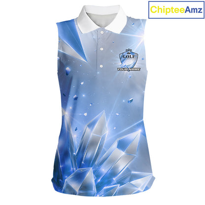 Women Golf Sleeveless Polo Shirt Custom Blue-Diamond Crystal Golf Ball Custom Name Golf Shirts For Team NYN3156