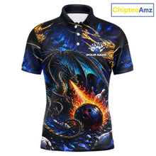 Load image into Gallery viewer, Blue And Gold Dragon Bowling Shirt For Men Custom Fire Flame Polo 1/4-Zip Bowling Team Jersey NYN3644