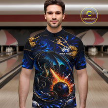 Load image into Gallery viewer, Blue And Gold Dragon Bowling Shirt For Men Custom Fire Flame Polo 1/4-Zip Bowling Team Jersey NYN3644