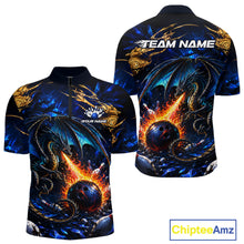 Load image into Gallery viewer, Blue And Gold Dragon Bowling Shirt For Men Custom Fire Flame Polo 1/4-Zip Bowling Team Jersey NYN3644