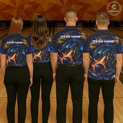 Blue And Gold Dragon Bowling Shirt For Women Custom Fire Flame Polo 1/4-Zip Bowling Team Jersey NYN3644