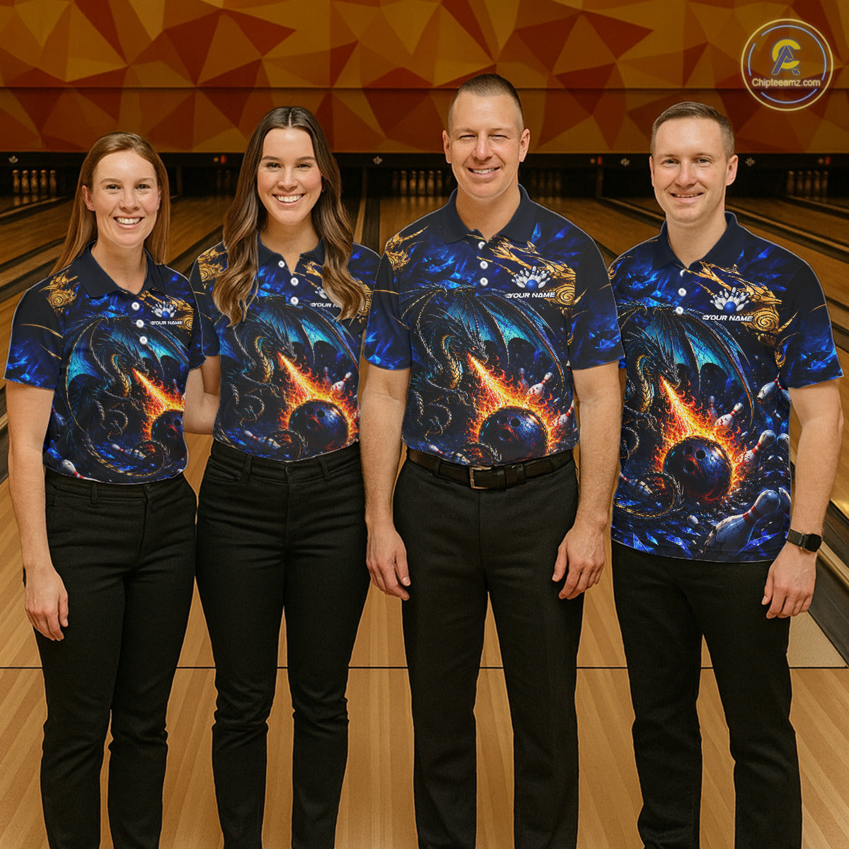 Blue And Gold Dragon Bowling Shirt For Women Custom Fire Flame Polo 1/4-Zip Bowling Team Jersey NYN3644