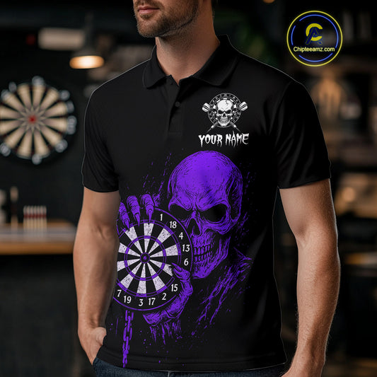 Custom Men's Dart Polo Shirt With Purple Blood Skull Holding Dartboard, Darts Jersey  NYN1794