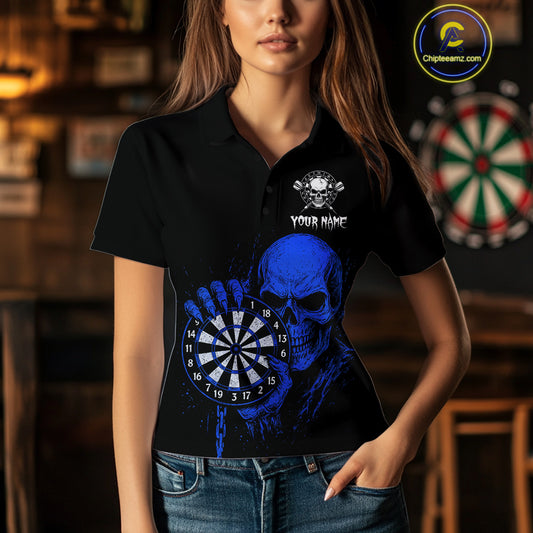 Custom Women Dart Polo Shirt With Blue Blood Skull Holding Dartboard, Darts Jersey  NYN1795