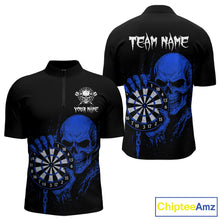 Load image into Gallery viewer, Custom Men's Dart Quarter-Zip Shirt With Blue Blood Skull Holding Dartboard, Darts Jersey  NYN1795