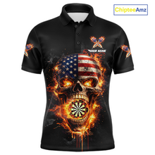Load image into Gallery viewer, Personalized US Flag Skull Fire Flame Dartboard Men Darts Polo Shirt Custom Darts Team Jersey NYN2585