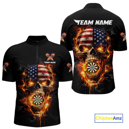 Personalized US Flag Skull Fire Flame Dartboard Men Darts 1/4-Zip Shirt Custom Darts Team Jersey NYN2585