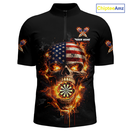 Personalized US Flag Skull Fire Flame Dartboard Men Darts 1/4-Zip Shirt Custom Darts Team Jersey NYN2585