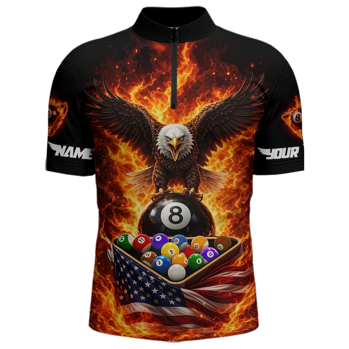 Fire Flame Eagle US Flag Pool Ball 3D Billiard Shirt For Men Personalized 8 Ball Billiard Attire NYN2587