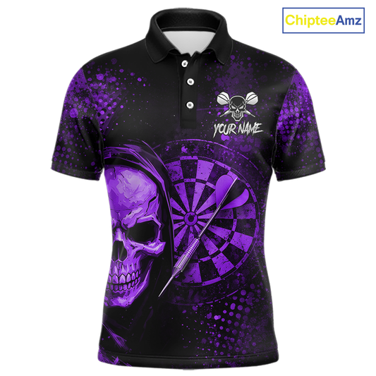 Purple Grunge Skull Dartboard & Arrow Men Darts Polo Shirt Personalized Darts Team Jerseys NYN2596