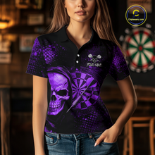 Load image into Gallery viewer, Purple Grunge Skull Dartboard &amp; Arrow Women Darts Polo Shirt Personalized Darts Team Jerseys NYN2596