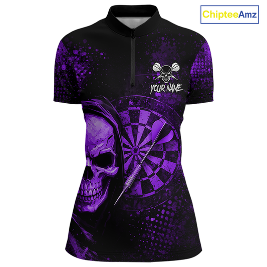 Purple Grunge Skull Dartboard & Arrow Women Darts 1/4-Zip Shirt Personalized Darts Team Jerseys NYN2596