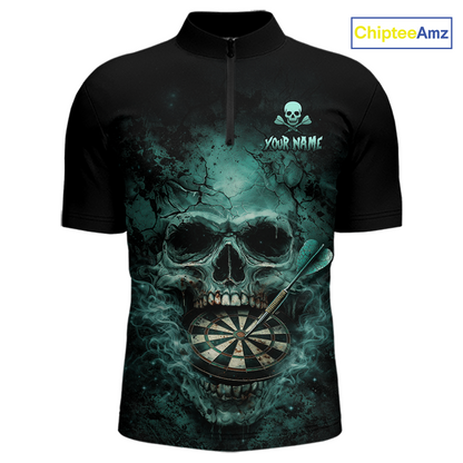 Cracked Grunge Teal Smokes Skull Dartboard Men Darts 1/4-Zip Shirt Personalized Darts Team Jerseys NYN2598