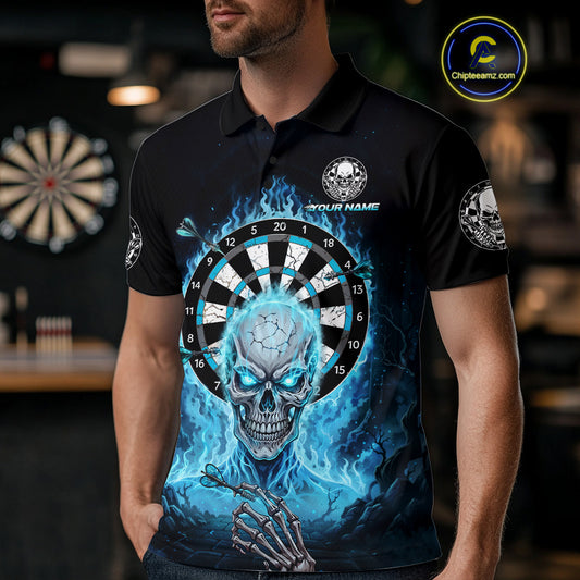Black Blue Flaming Skeleton Darts Custom Men's Dart Polo Shirts Team Dart League Jerseys NYN2073