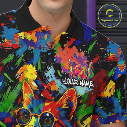 Funny Cat Colorful Paint Bowling Team Jerseys For Men Custom Splatter Bowling Polo 1/4-Zip Shirt NYN3167