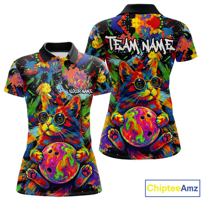 Funny Cat Colorful Paint Bowling Team Jerseys For Women Custom Splatter Bowling Polo 1/4-Zip Shirt NYN3167