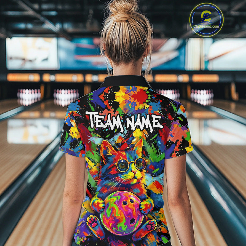 Funny Cat Colorful Paint Bowling Team Jerseys For Women Custom Splatter Bowling Polo 1/4-Zip Shirt NYN3167