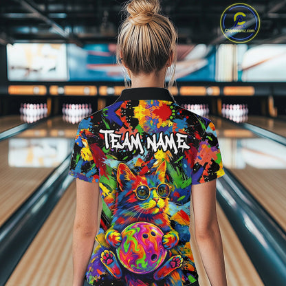Funny Cat Colorful Paint Bowling Team Jerseys For Women Custom Splatter Bowling Polo 1/4-Zip Shirt NYN3167