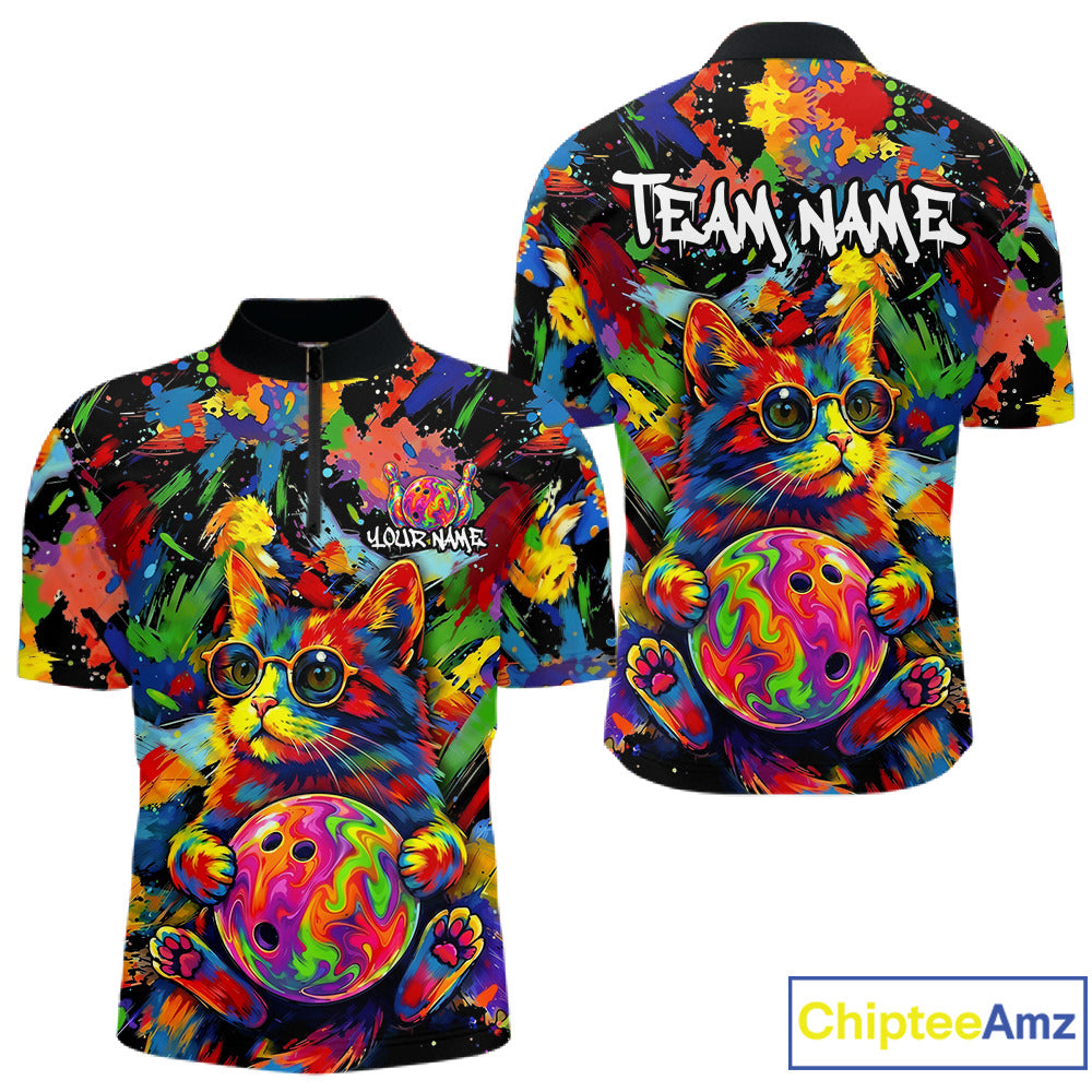 Funny Cat Colorful Paint Bowling Team Jerseys For Men Custom Splatter Bowling Polo 1/4-Zip Shirt NYN3167