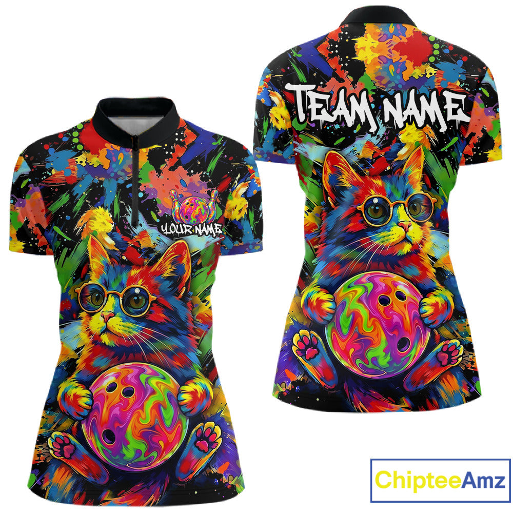 Funny Cat Colorful Paint Bowling Team Jerseys For Women Custom Splatter Bowling Polo 1/4-Zip Shirt NYN3167