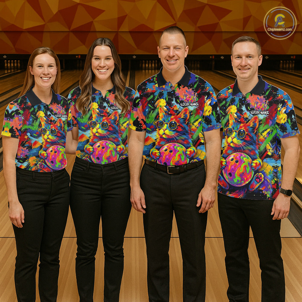 Funny Cat Colorful Paint Bowling Team Jerseys For Men Custom Splatter Bowling Polo 1/4-Zip Shirt NYN3167