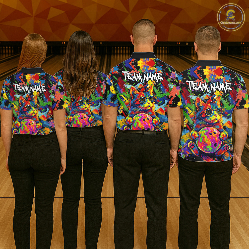 Funny Cat Colorful Paint Bowling Team Jerseys For Men Custom Splatter Bowling Polo 1/4-Zip Shirt NYN3167