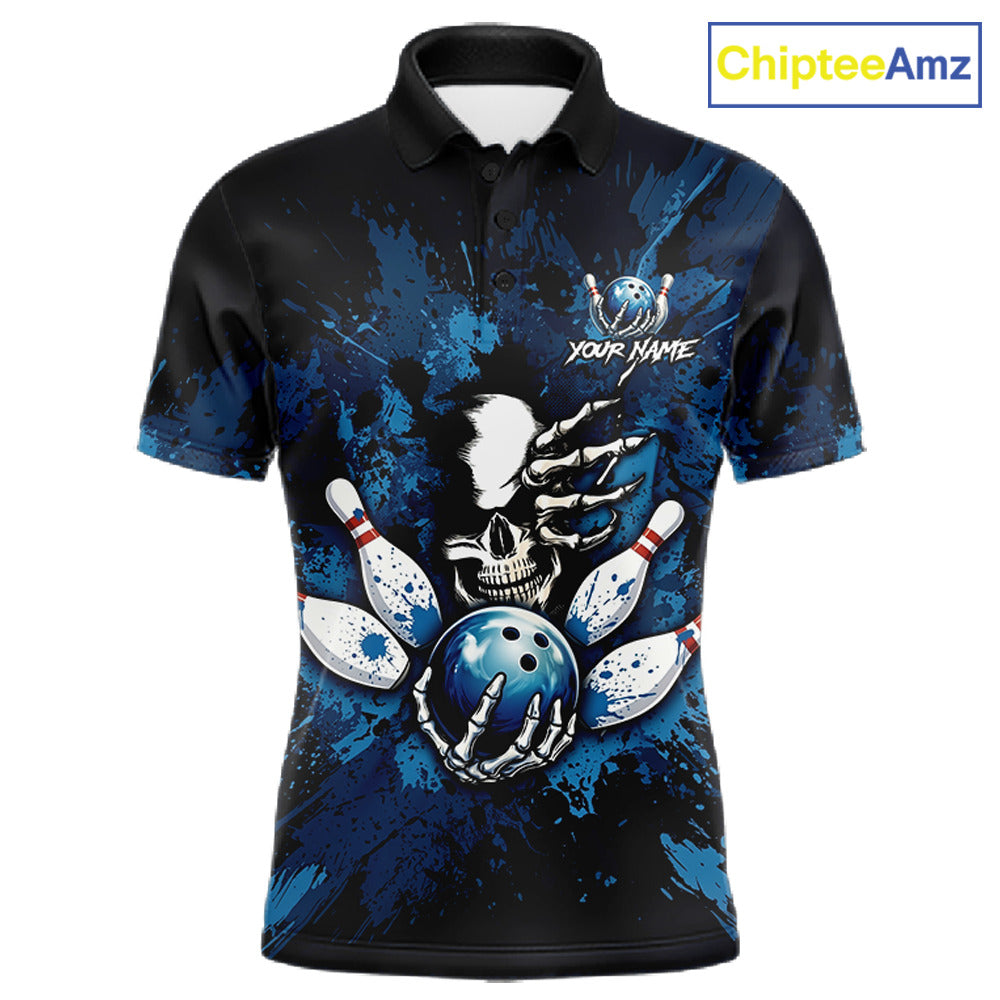 Blue Skelton Torn Bowling Ball & Pin Jerseys For Men Custom Splatter Paint Bowling Team Attire NYN3171
