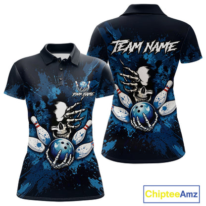 Blue Skelton Torn Bowling Ball & Pin Jerseys For Women Custom Splatter Paint Bowling Team Attire NYN3171