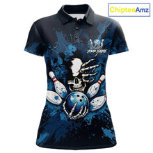 Load image into Gallery viewer, Blue Skelton Torn Bowling Ball &amp; Pin Jerseys For Women Custom Splatter Paint Bowling Team Attire NYN3171