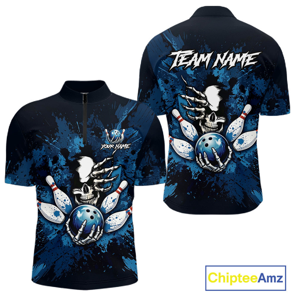 Blue Skelton Torn Bowling Ball & Pin Jerseys For Men Custom Splatter Paint Bowling Team Attire NYN3171