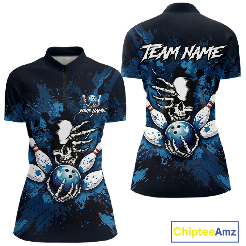 Blue Skelton Torn Bowling Ball & Pin Jerseys For Women Custom Splatter Paint Bowling Team Attire NYN3171