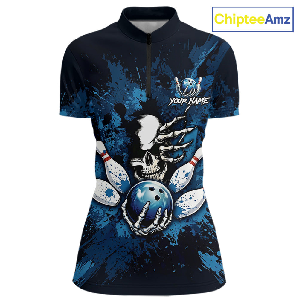 Blue Skelton Torn Bowling Ball & Pin Jerseys For Women Custom Splatter Paint Bowling Team Attire NYN3171