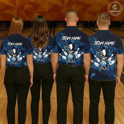 Blue Skelton Torn Bowling Ball & Pin Jerseys For Men Custom Splatter Paint Bowling Team Attire NYN3171