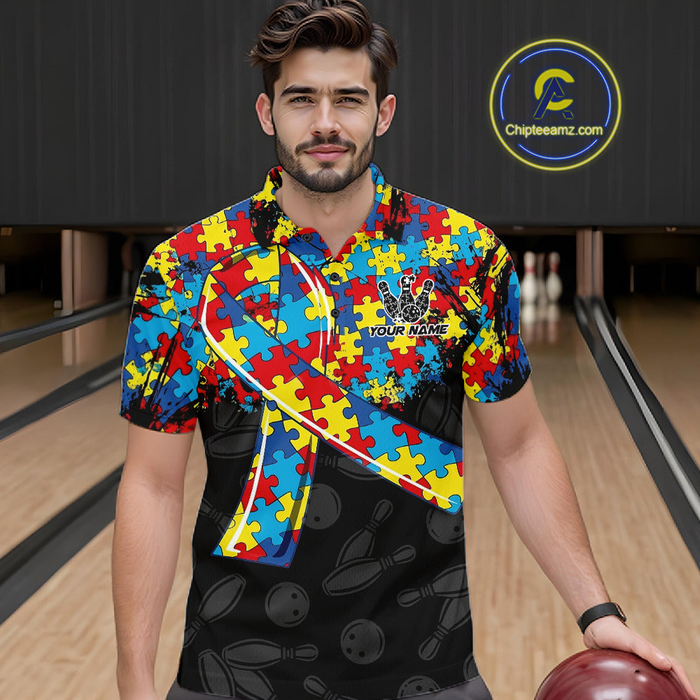 Personalized Colorful Autism Awareness Ribbon Bowling Shirt For Men Bowling Puzzles Team Jersey NYN3173