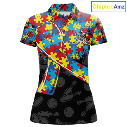Personalized Colorful Autism Awareness Ribbon Bowling Shirt For Women Bowling Puzzles Team Jersey NYN3173