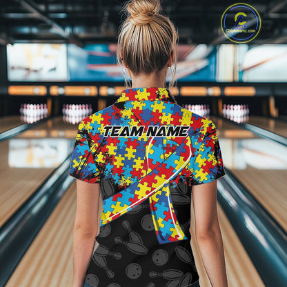 Personalized Colorful Autism Awareness Ribbon Bowling Shirt For Women Bowling Puzzles Team Jersey NYN3173
