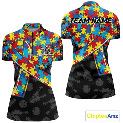 Personalized Colorful Autism Awareness Ribbon Bowling Shirt For Women Bowling Puzzles Team Jersey NYN3173