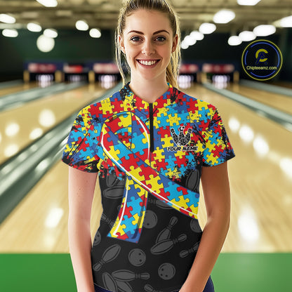 Personalized Colorful Autism Awareness Ribbon Bowling Shirt For Women Bowling Puzzles Team Jersey NYN3173