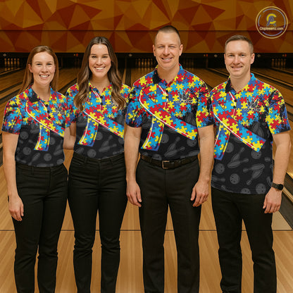 Personalized Colorful Autism Awareness Ribbon Bowling Shirt For Women Bowling Puzzles Team Jersey NYN3173