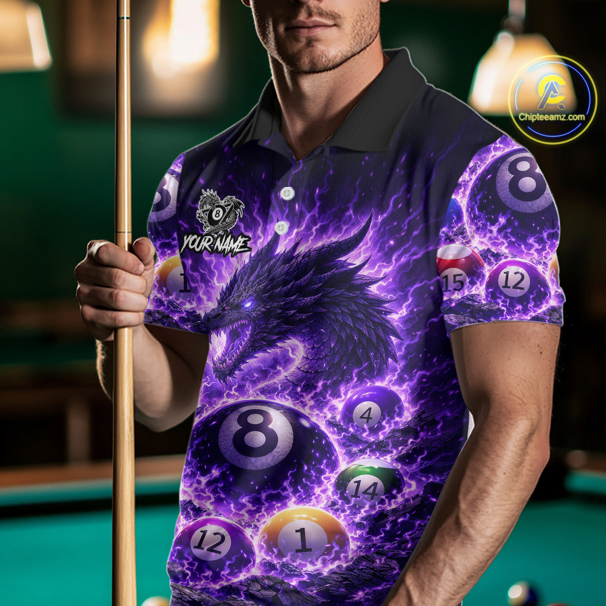 Purple Flaming Funny Dragon Pool 8 Ball Billiard Shirt For Men Custom Ball Billiard Team Attire NYN2611