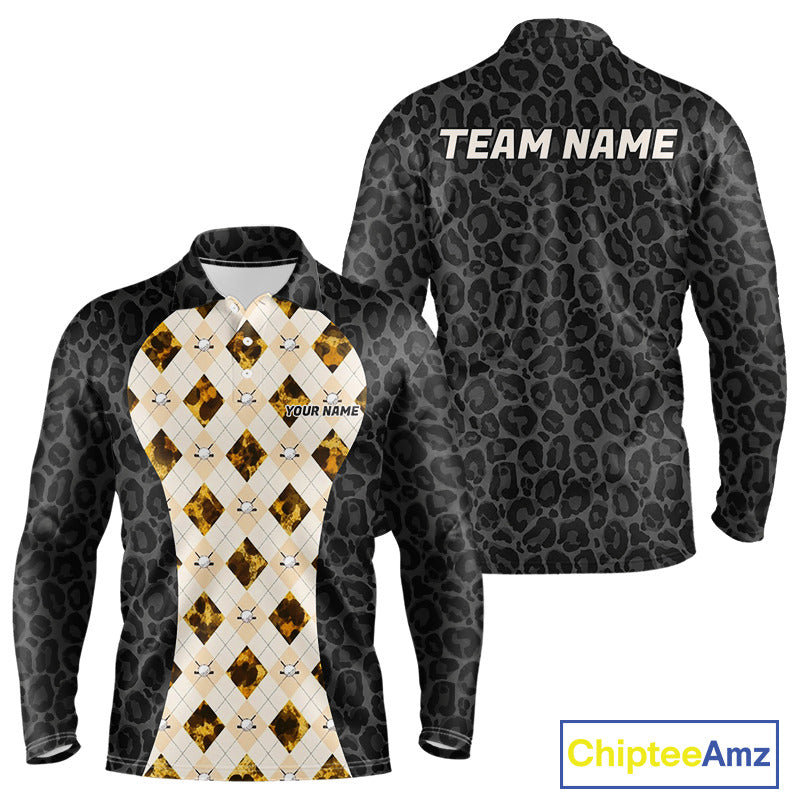 Black leopard mens golf polo yellow argyle golf outfit