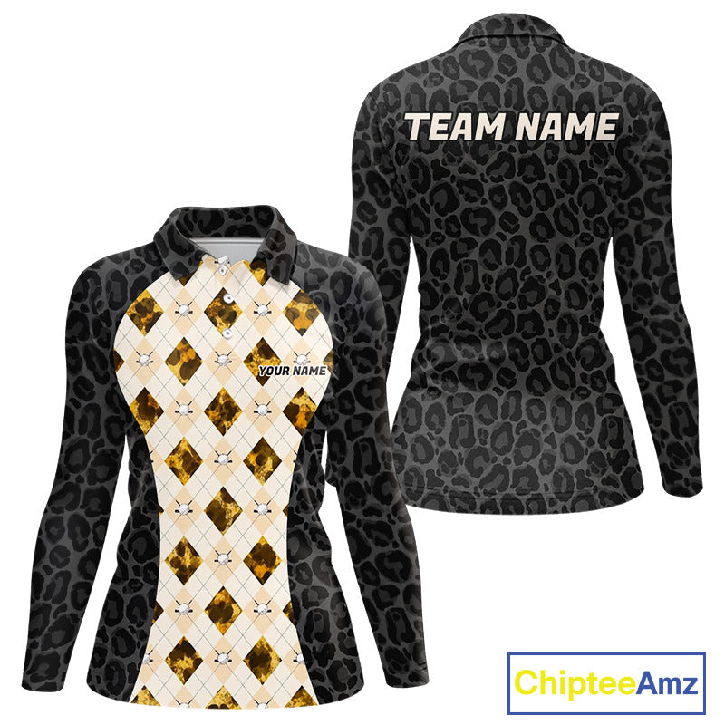 Black leopard womens golf polo yellow argyle golf outfit