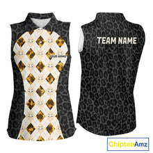 Load image into Gallery viewer, Black leopard womens golf sleeveless polo yellow argyle golf team outfit