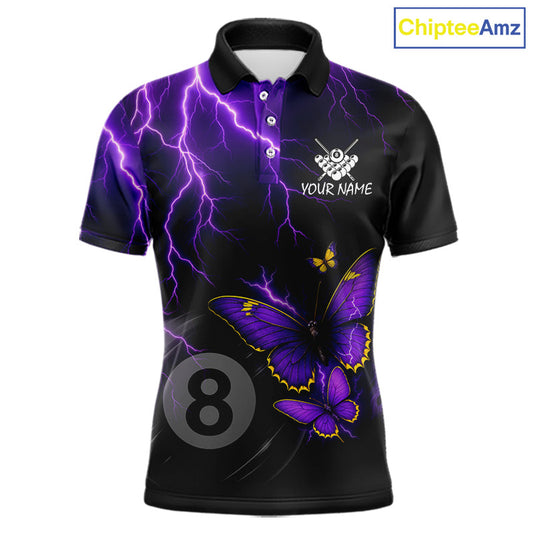 Men's billiard polo featuring neon butterflies, purple thunder and glowing 8 ball artwork, personalized performance pool apparel for APA leagues, BCA tournaments, butterfly lovers and fantasy sports fans, symbolizing transformation, power and competitive excellence.
