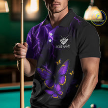 Load image into Gallery viewer, Male billiard player wearing custom neon butterfly 8 ball quarter-zip jersey during tournament play, premium performance apparel for competitive athletes, fantasy art enthusiasts and league champions, symbolizing confidence, transformation and elite performance.
