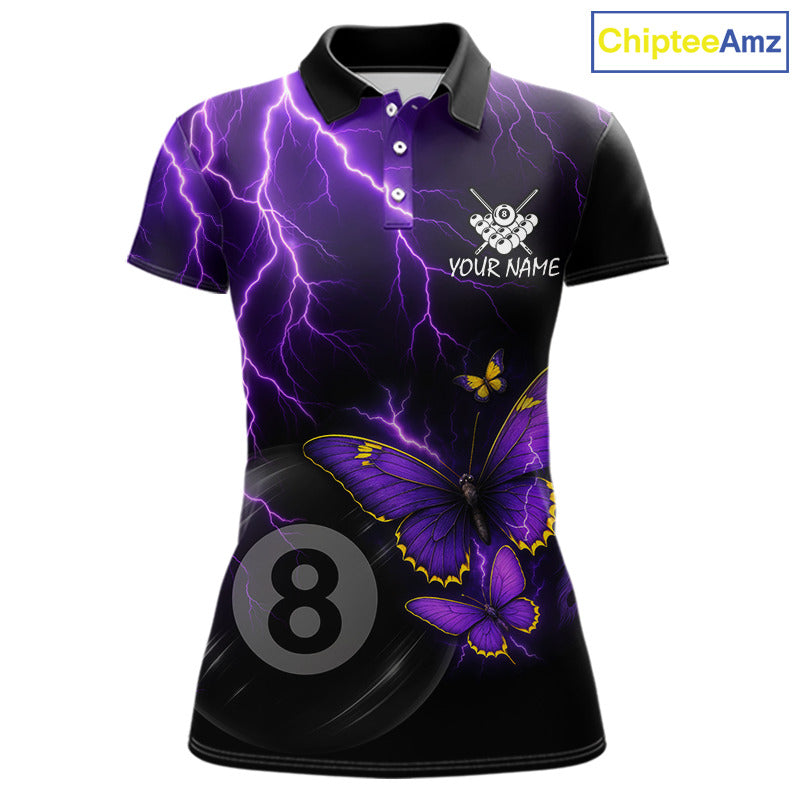 Women's billiard polo featuring neon butterflies, purple thunder and realistic 8 ball graphics, custom pool shirt for league play, tournaments, billiard clubs, fantasy art fans and modern sports fashion