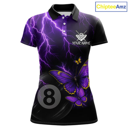 Women's billiard polo featuring neon butterflies, purple thunder and realistic 8 ball graphics, custom pool shirt for league play, tournaments, billiard clubs, fantasy art fans and modern sports fashion