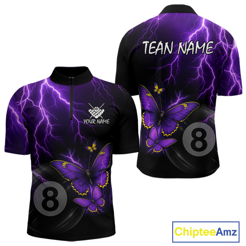 Men's quarter-zip billiard jersey featuring neon butterflies, purple lightning and realistic 8 ball graphics, custom tournament apparel for APA teams, professional pool players and championship competition, representing energy, precision and victory.